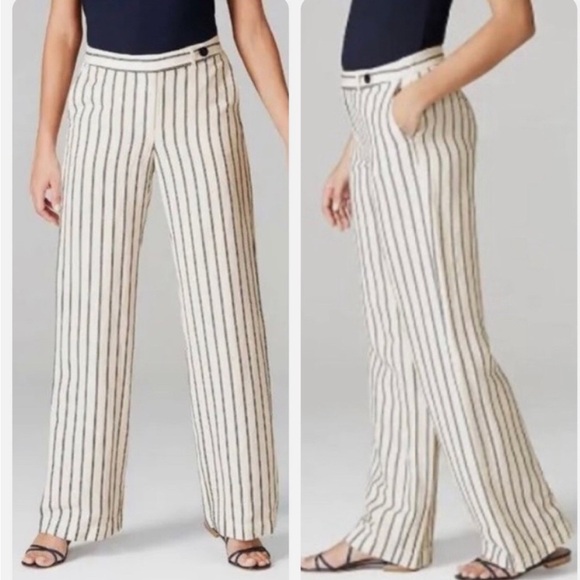 J. Jill Wide-Leg Linen Blend Pants Cream Navy Striped Coastal Preppy Womens 8 - Picture 1 of 13